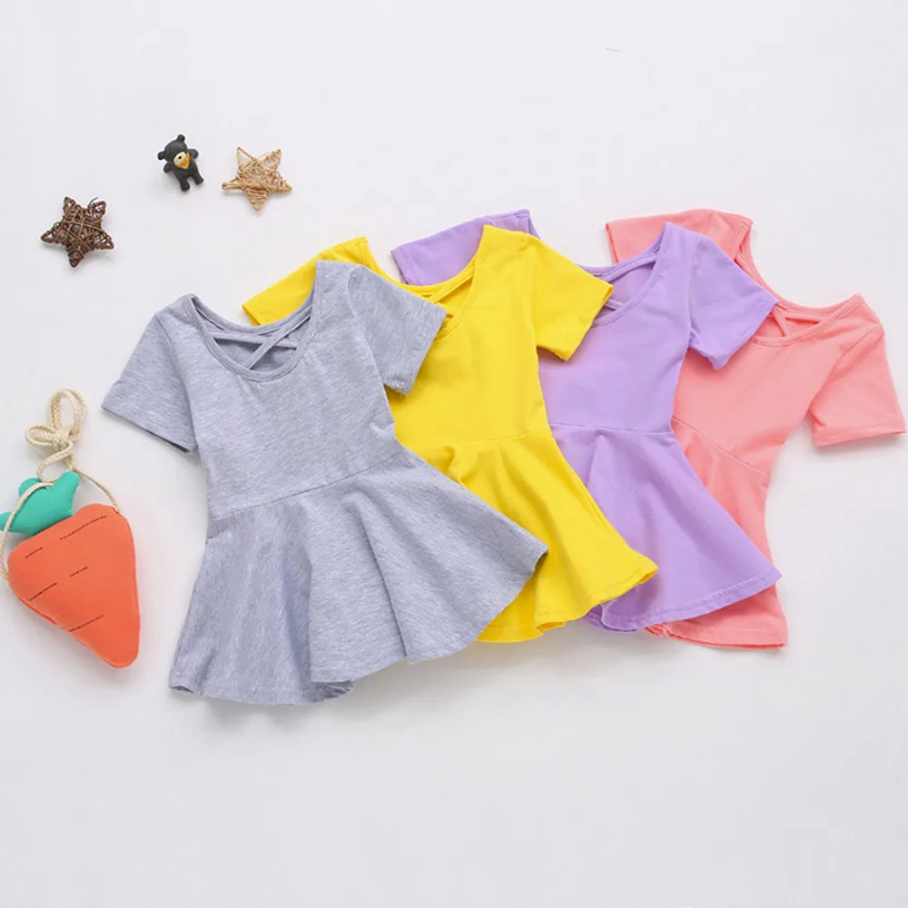 Girls Clothing Summer Girl Dress Baby Candy Color Short Sleeve Solid Princess Casual Toddler Kids dropshipping |