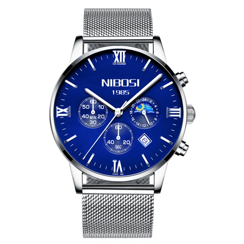 Silver Blue Alloy NIBOSI часы Для мужчин часы Роскошные известный бренд Мужская мода повседневные платья часы в стиле милитари кварцевые наручные часы мужские наручные часы - Цвет: Silver Blue Alloy