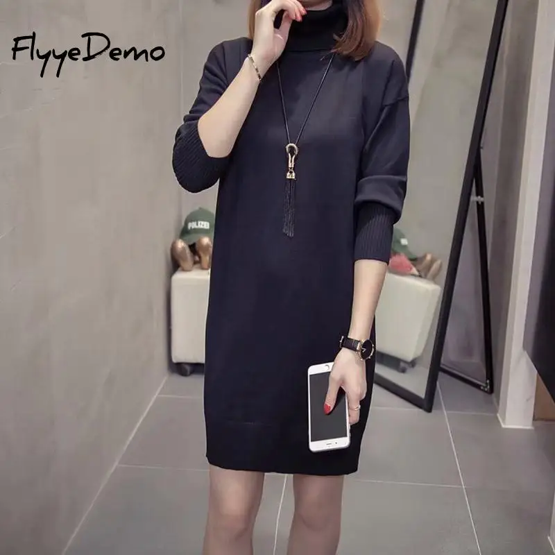 Корея Зима с длинным рукавом трикотажные свитера высоким воротом платье Для