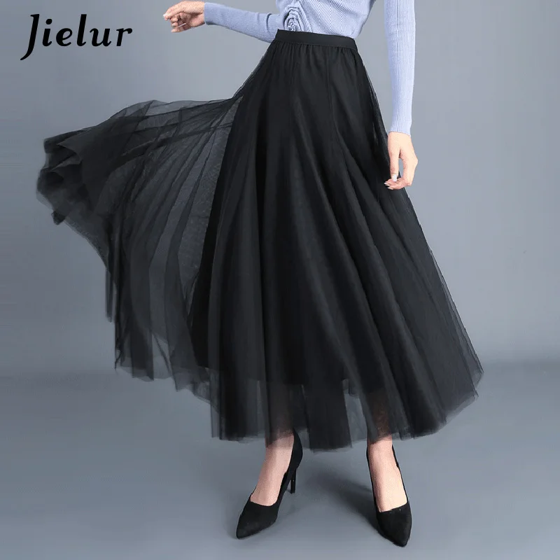 Черный Jielur, 3 слоя, элегантные тюлевые юбки, женские, Ретро стиль, высокая талия, а-силуэт, черные юбки, сетка, плиссированное, длинное, макси, Saia, для женщин, Jupe Longue - Цвет: Черный