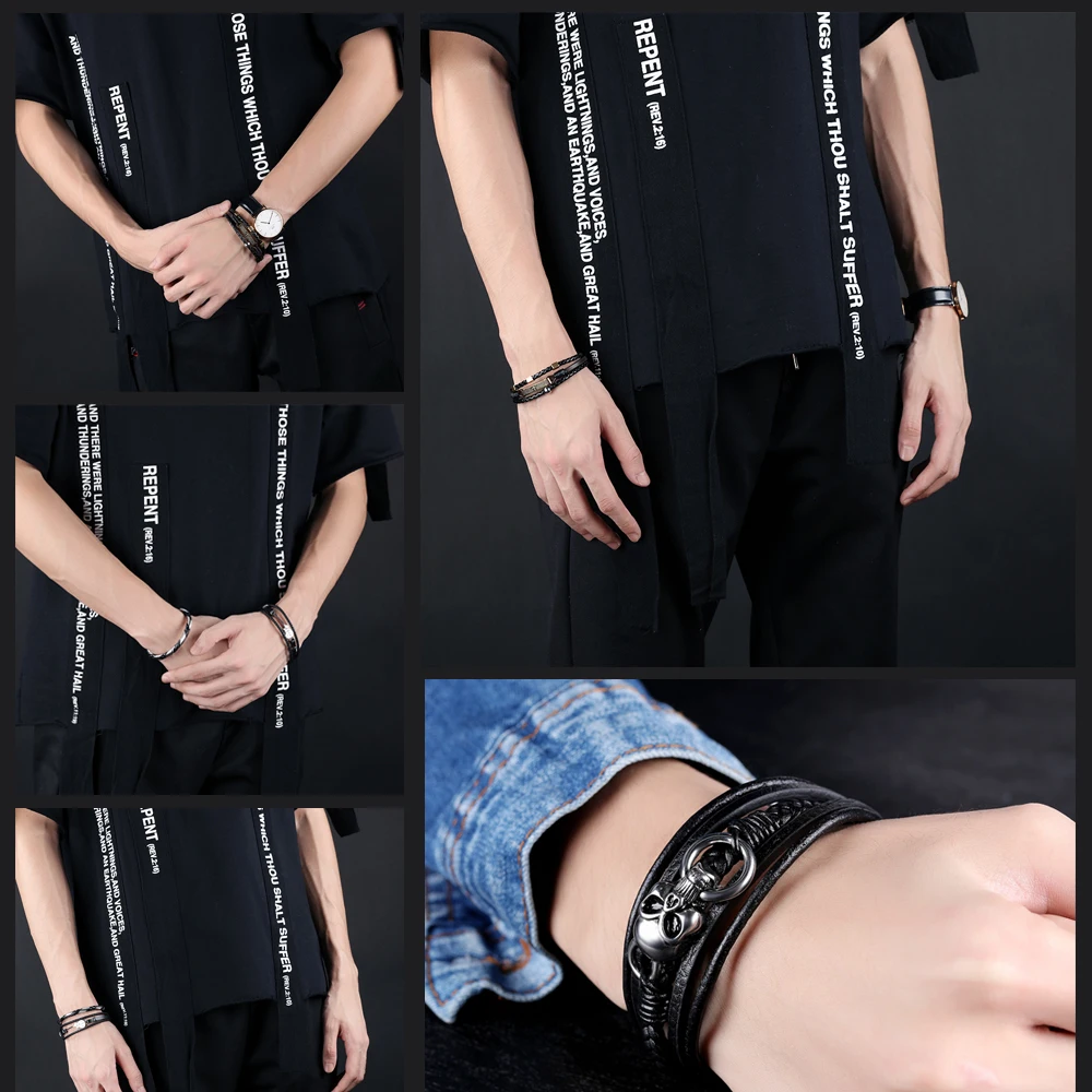 MNWT мужские ювелирные изделия винтажный Многослойный черный кожаный браслет