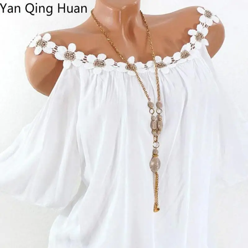 

Yan Qing Haun Summer Hot New 2019 Flower Stitching Strapless Women's Tops Round Neck Short Sleeve Loose Large Size S-5xl Street