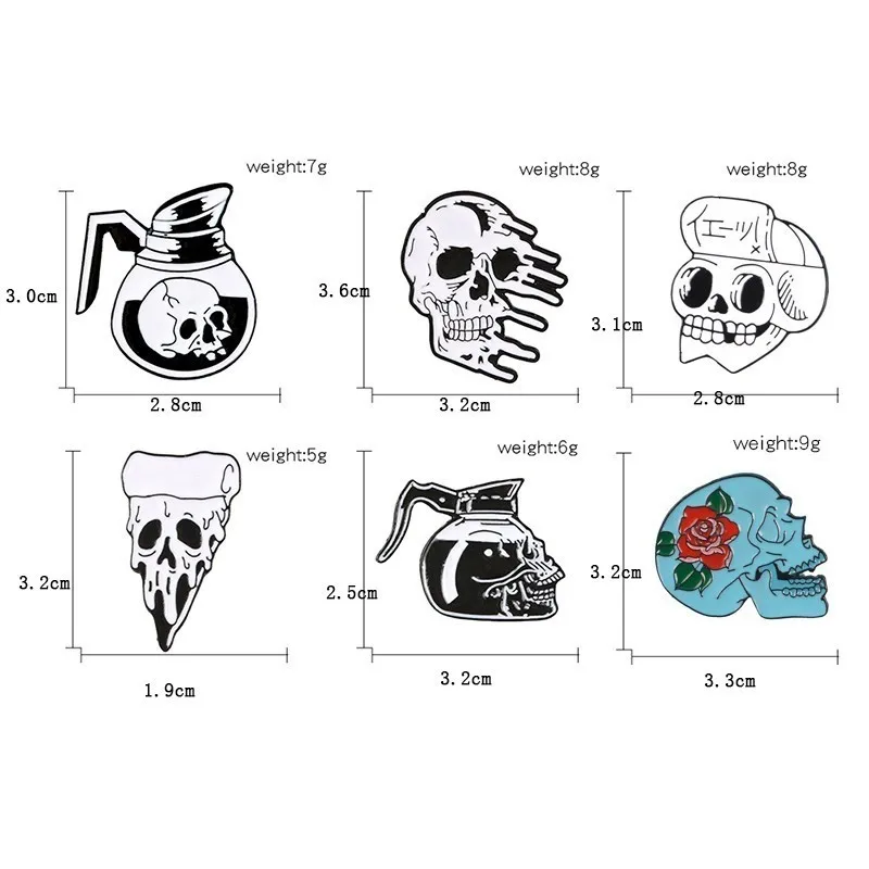 1PCS Creative personality Gothic Black and White Skull Brooch Rose Bone Pizza Skeleton Teapot Skulll Pin Badge Coat accessories | Дом и сад