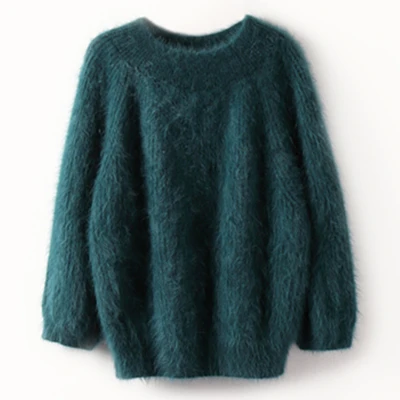 Deep green BAHTLEE зимние женские пуловеры из Ангорского Кролика, свитер с длинными рукавами и вырезом лодочкой, высокая эластичность, сохраняющий тепло, свободный толстый джемпер - Цвет: Deep green