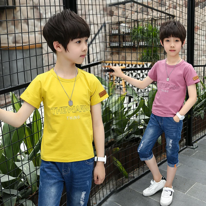 FYH Summer Kids Clothing Boys Short Sleeve T-shirt+Denim Pants Children Cotton T-shirt+Pants 2pcs School Clothes Suit 5-14Y |