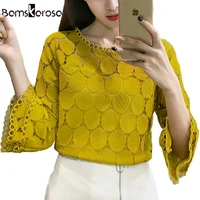 white lace blouse women shirt 2021 summer korean style flare sleeve o neck hollow out casual ladies lace tops blusa feminina