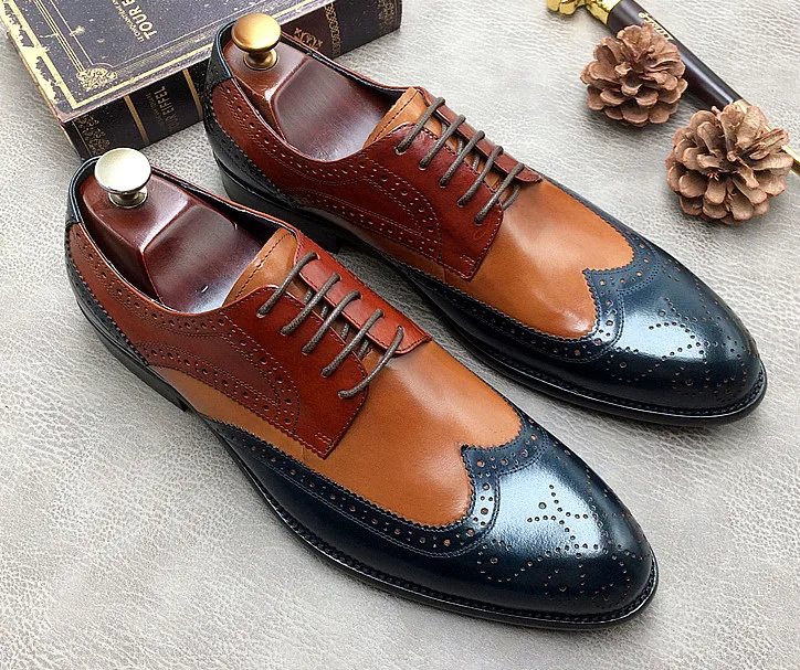 Модные мужские туфли-броги ручной работы из натуральной кожи с острым носком на