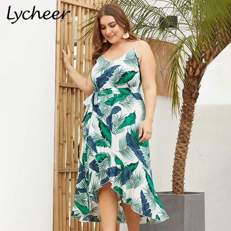 Lycheer плюс размеры элегантный лист печати зеленый для женщин большой платье