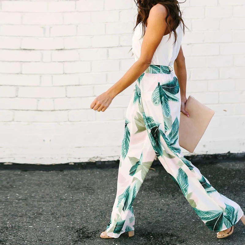 A Forever 2019 Summer Women Print Trousers Wide Leg Pants Tree Leaves Printing High Waist Casual Loose Long Pant M-1127 | Женская одежда