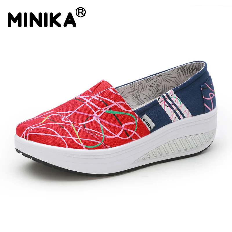 red Minika/Новинка; Летняя женская обувь; парусиновая обувь без шнуровки; обувь на платформе с полукруглой танкеткой; Тонизирующая обувь для фитнеса; кроссовки для прогулок - Цвет: red