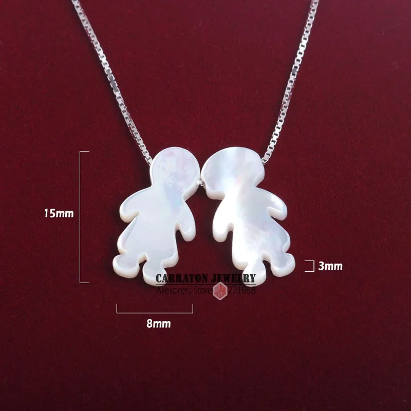 Genuine 925 Sterling Silver Mother of Pearl Shell Boy and Girl Pendant Necklace
