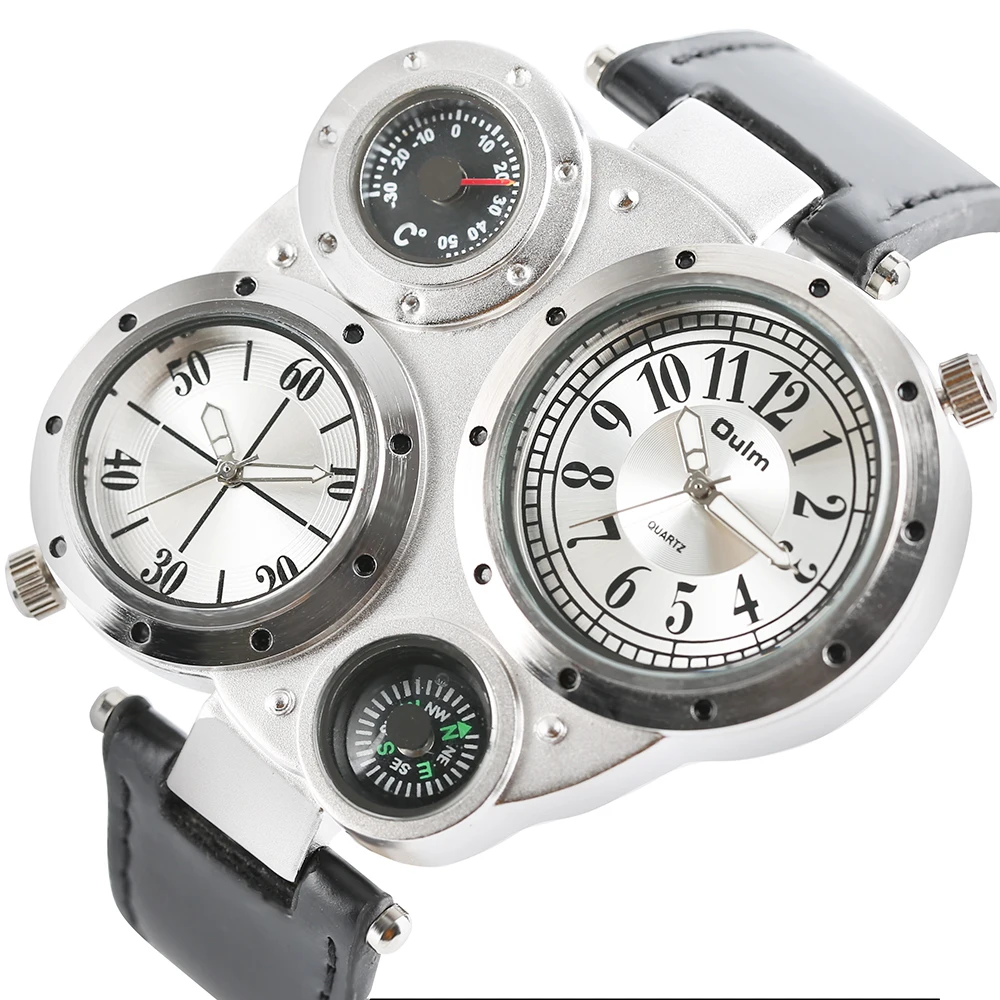 OULM Военная Кварцевые часы Для Мужчин's деко компас стильный армии Кожаный ремешок Спорт специальный Дизайн двойной ход Для мужчин t Большой наручные часы