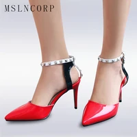 plus size 34 47 new women pumps ladies sexy pointed toe high heels fashion buckle ankle rivet strap sandals party wedding shoes