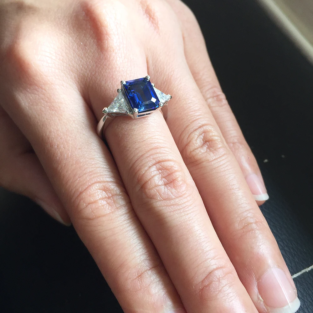 14 к белое золото 3.21ct Изумрудное кольцо 7x9 мм лабораторный сапфировые обручальные с 1ctw белый Moissanite кольцо