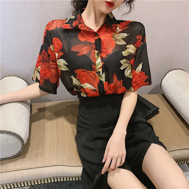 LISM 2019 Elegant Two Piece Set Top And Pants Transparent Floral Chiffon Blouse Femme+Slit Sexy Long Wide Leg Pant Club Outfit | Женская