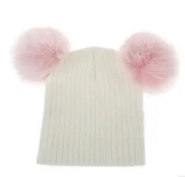 On Sale 1pcs Baby Winter Real Fox Fur Ball Beanie Knit Hat Kids Warm Pom Poms Skullies Toddler Infants Beanies Wool Cap | Детская одежда