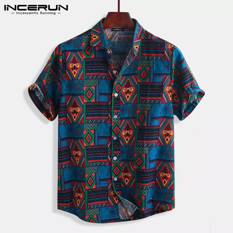 

INCERUN 2021 Ethnic Style Print Men Shirt Cotton Retro Short Sleeve Loose Men Beach Hawaiian Shirts Breathable Streetwear Camisa