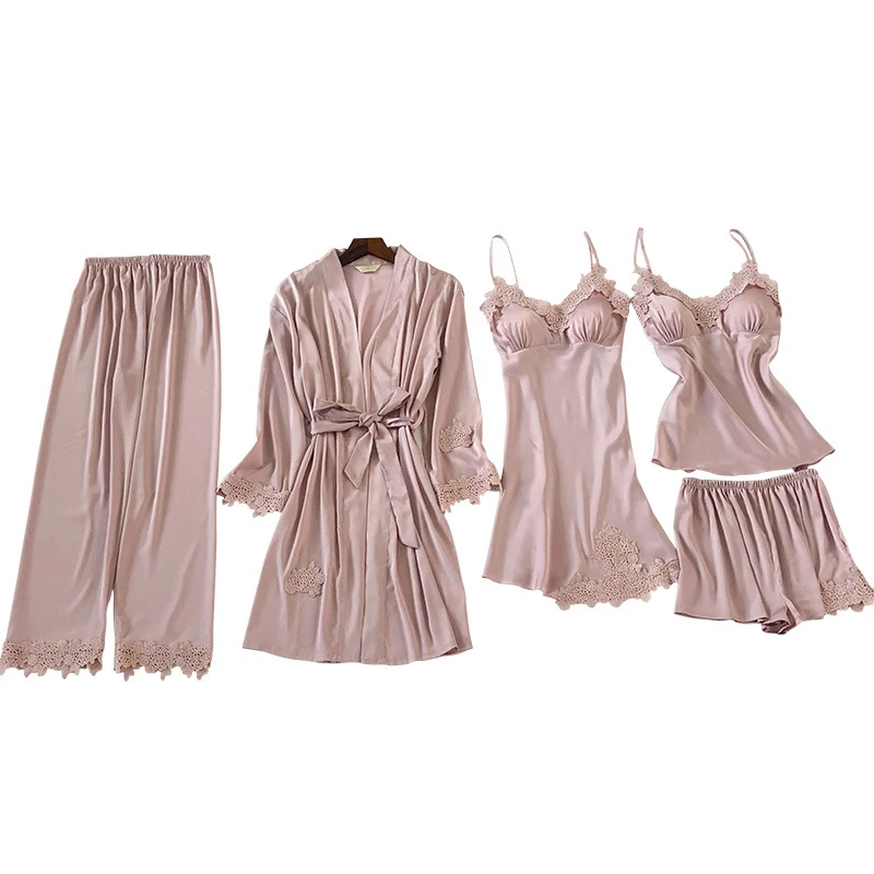 ZOOLIM 5 шт. Cami & Shorts Nighty Pants Robe кружевное сексуальное атласное белье одежда для сна