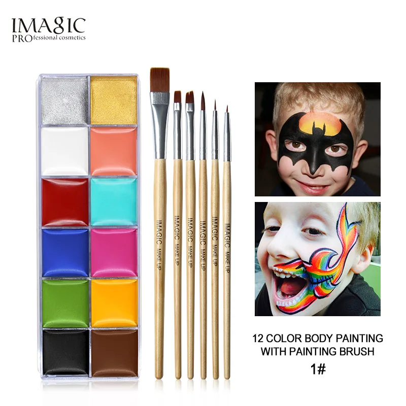 IMAGIC, 12 цветов, флеш-тату, краска для лица, краска для тела, масляная краска, художественное использование для вечеринки в честь Хэллоуина, нарядное платье, инструмент для макияжа красоты - Цвет: 1 add brush