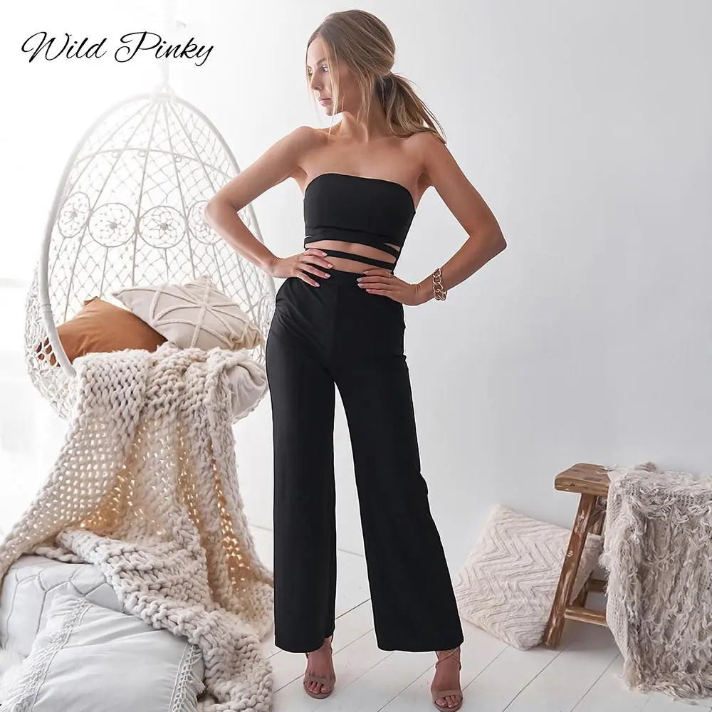 Женский комбинезон без бретелек WildPinky свободный однотонный с высокой посадкой на