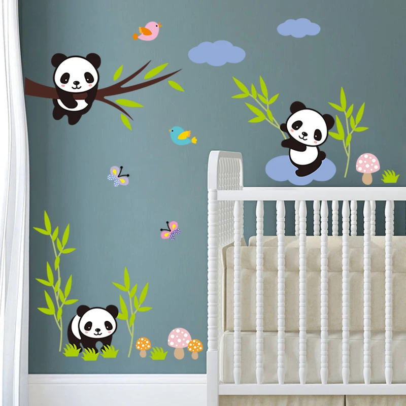

Cute panda Tree bamboo Birds White Clouds wall stickers For Kids Rooms Nursery Room decor diy art decals pvc wall sticker