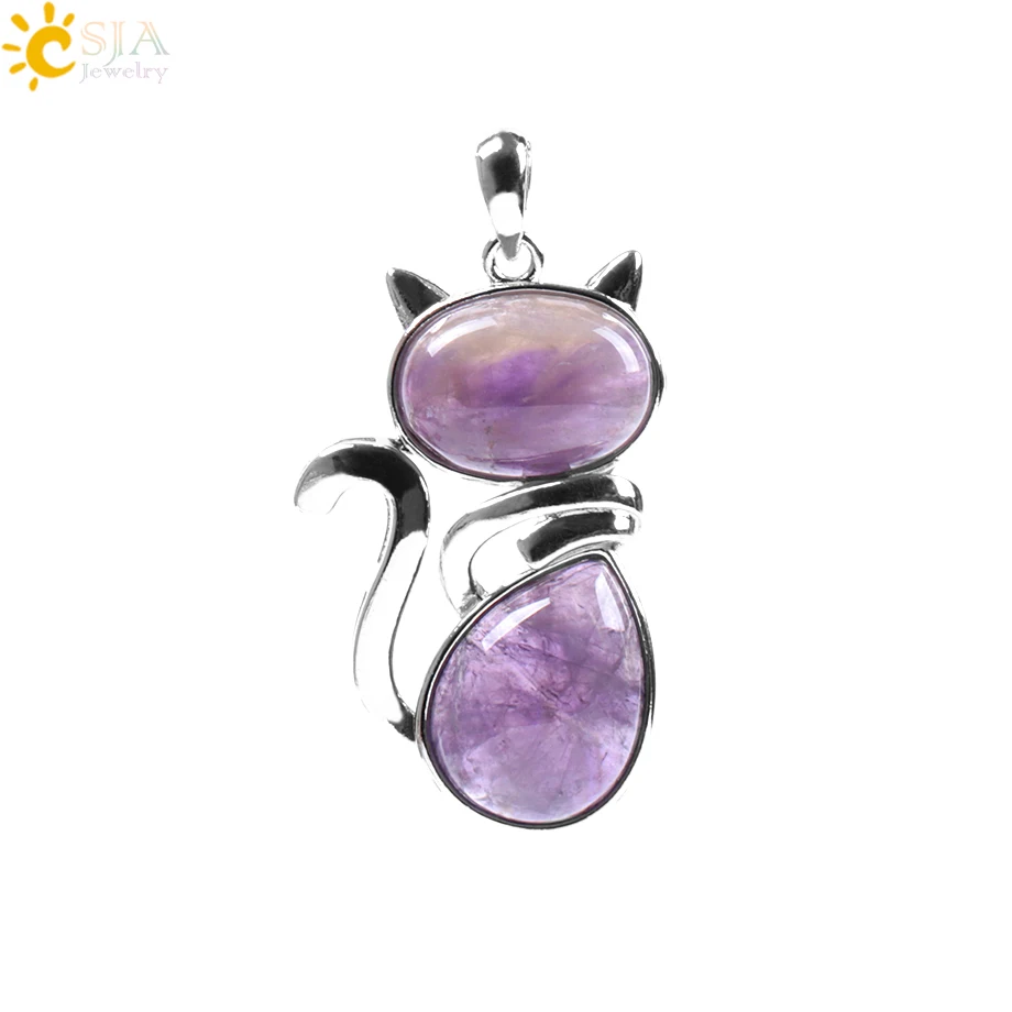 Amethyst CSJA Милая подвеска в виде кота для девочки, подвеска из натурального камня, зеленый авантюрин, розовый кристалл, украшение в виде кошки Wisiorek F072 - Окраска металла: Amethyst