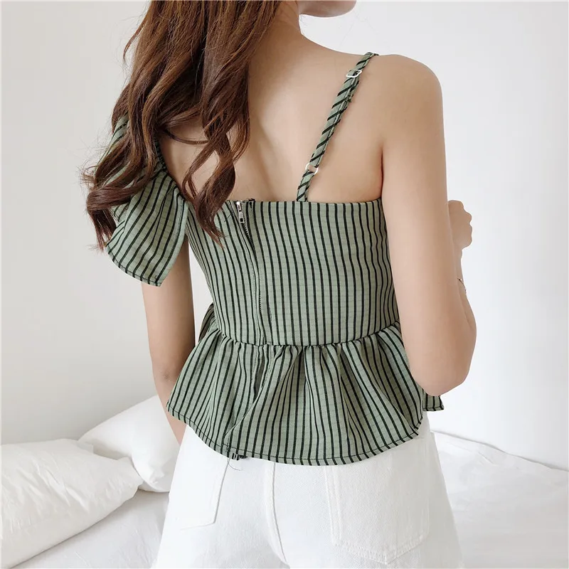 Сексуальная голое плечо Для женщин Летняя одежда оборками Тонкий ремень майки