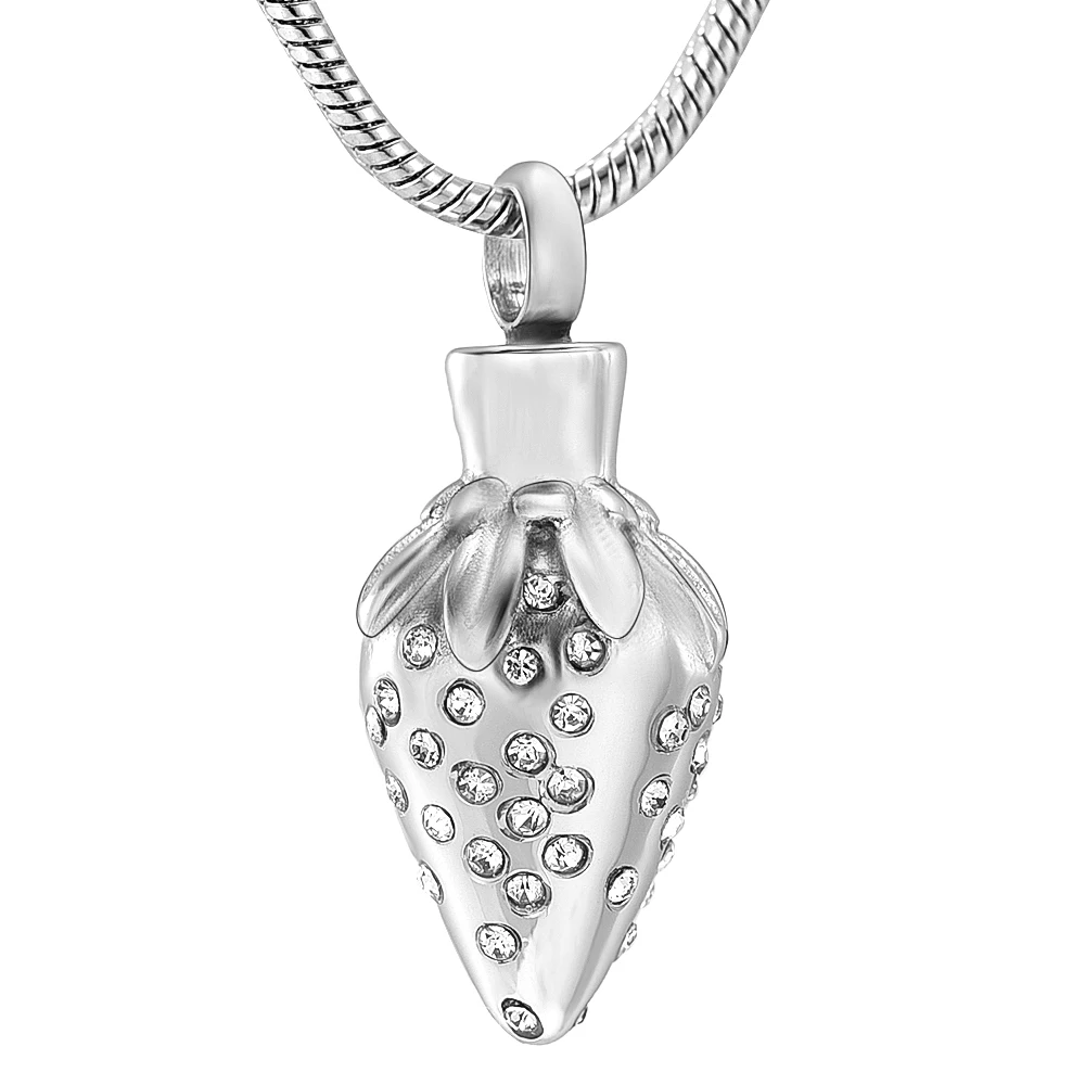 

IJD12130 Stainless Steel Cremation Necklace Clear Crystal Inlay Strawberry Keepsake Pendant Jewelry Ashes