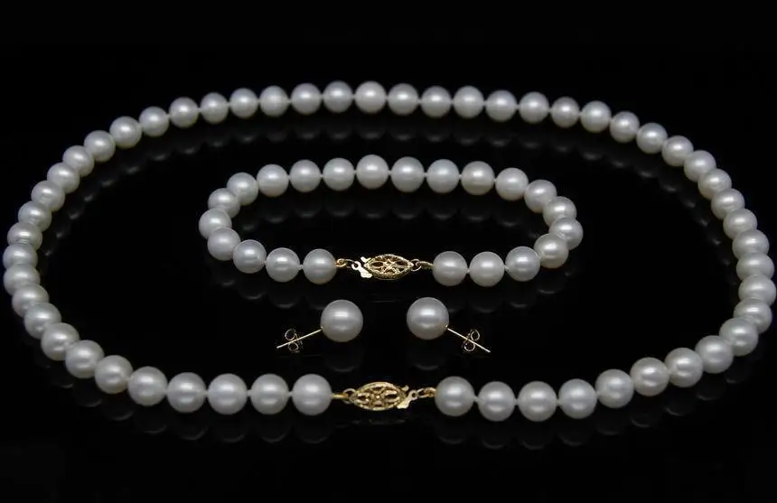 

Natural AAA + white 7-8mm pearl necklaces bracelets earrings 18"+7.5"