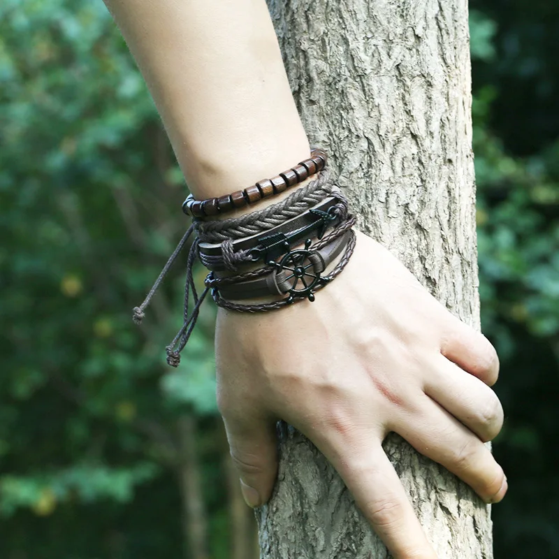 Punk Rock Vintage Fashion Handmade Bracelet Genuine Leather Arrow Rudder Beads Woven Charm Wristbands Bangle Multi-layer Jewelry | Украшения