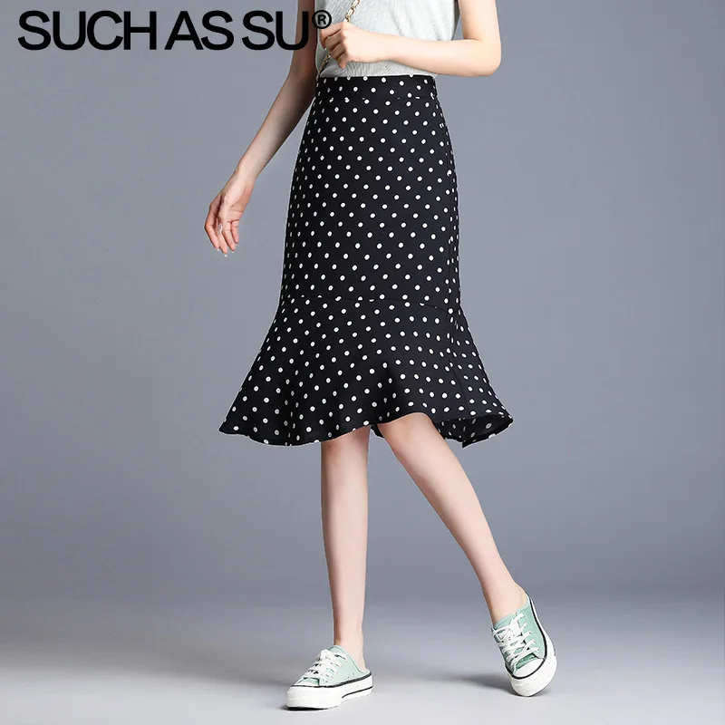 Black skirt Летняя юбка корейское платье-карандаш плиссированная юбка средняя длинная юбка-Русалка размера плюс белый черный красный горошек шифоновые юбки для женщин - Цвет: Black skirt