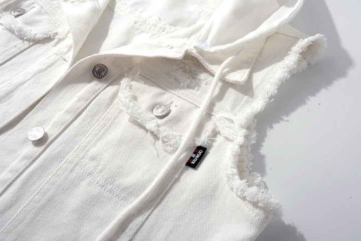 Белый джинсовый женский жилет с капюшоном, Осенний жилет Veste Femme, повседневные короткие джинсовые куртки без рукавов, однобортные Пальто Colete Feminino