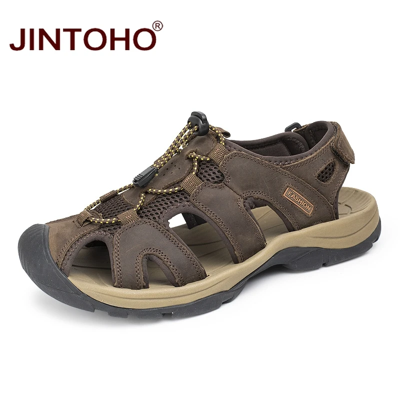 JINTOHO/высококачественные мужские сандалии из натуральной кожи; модные пляжные кожаные сандалии; дышащие мужские сандалии; Летняя мужская пляжная обувь - Цвет: shen zong