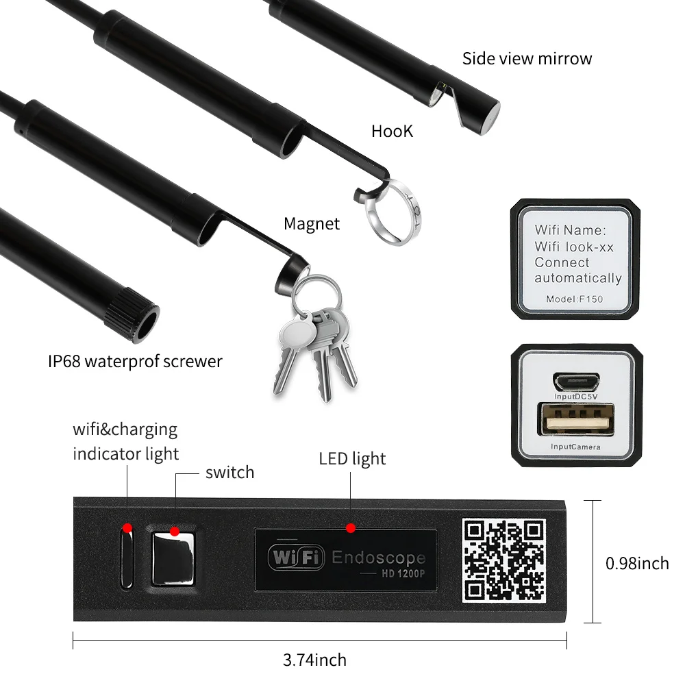5M HD 1200P Wireless WiFi Endoscope For IOS Android PC Mini Waterproof Semi Rigid Inspection Camera 8mm Lens 8LED Borescope