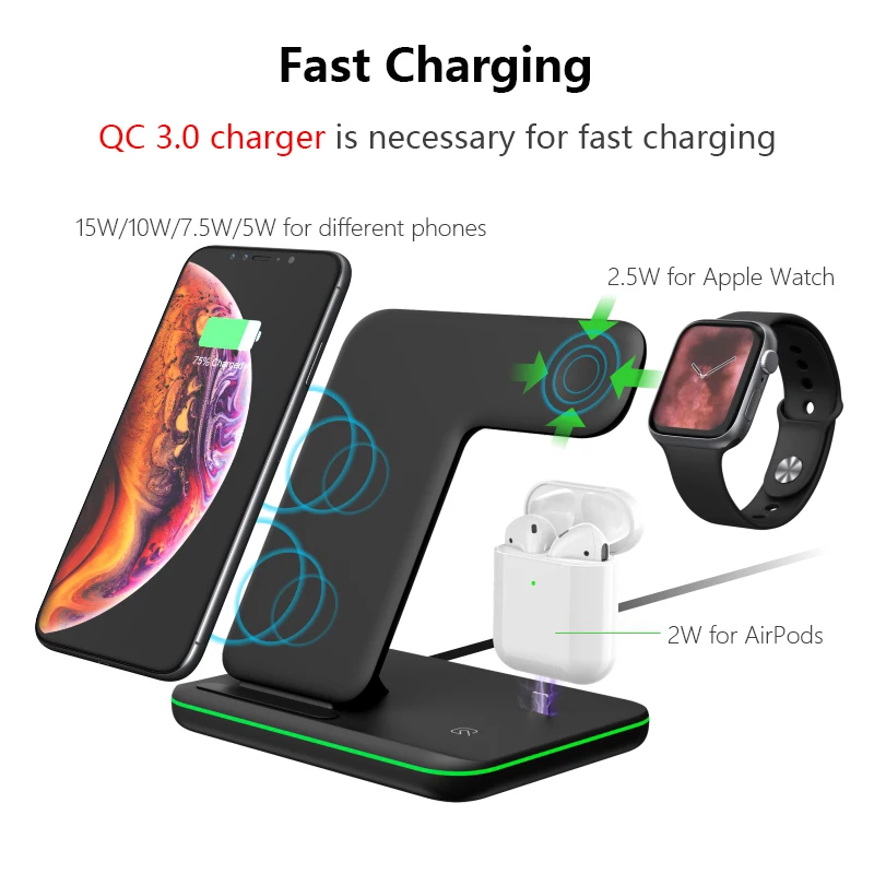 3 в 1 беспроводная зарядная станция для iPhone XS Max XR X 8 Plus 15 Вт Qi Быстрая зарядка