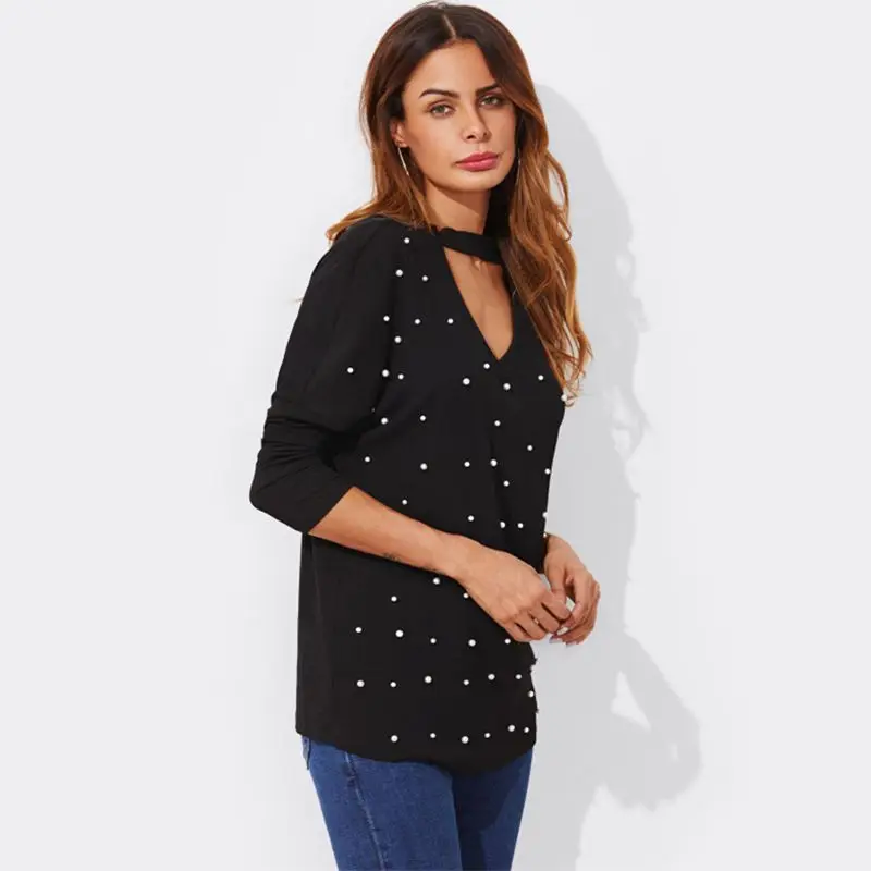 Женская блуза-чокер с v-образным вырезом и жемчугом Повседневная Блузка длинными