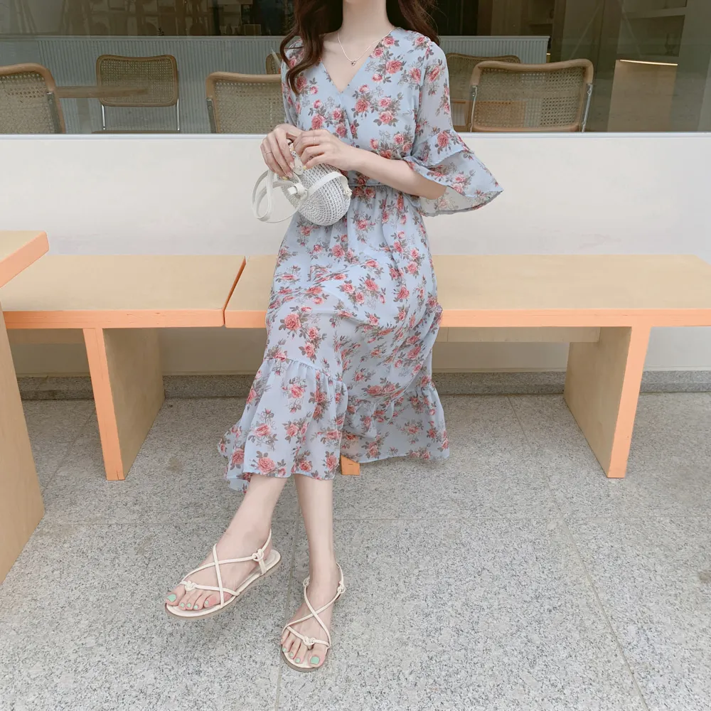 BOBOKATEER платье миди с цветочным рисунком женские платья Летняя одежда robe ete femme vestidos de verano пляжное Шифоновое Платье синее повседневное