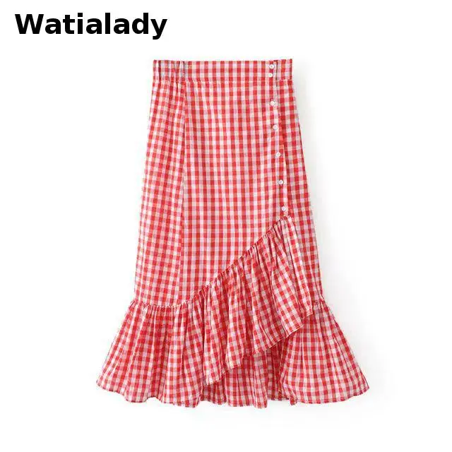 Watialady красный клетчатая юбка Повседневное Для женщин Лето 2017 г. Высокая талия