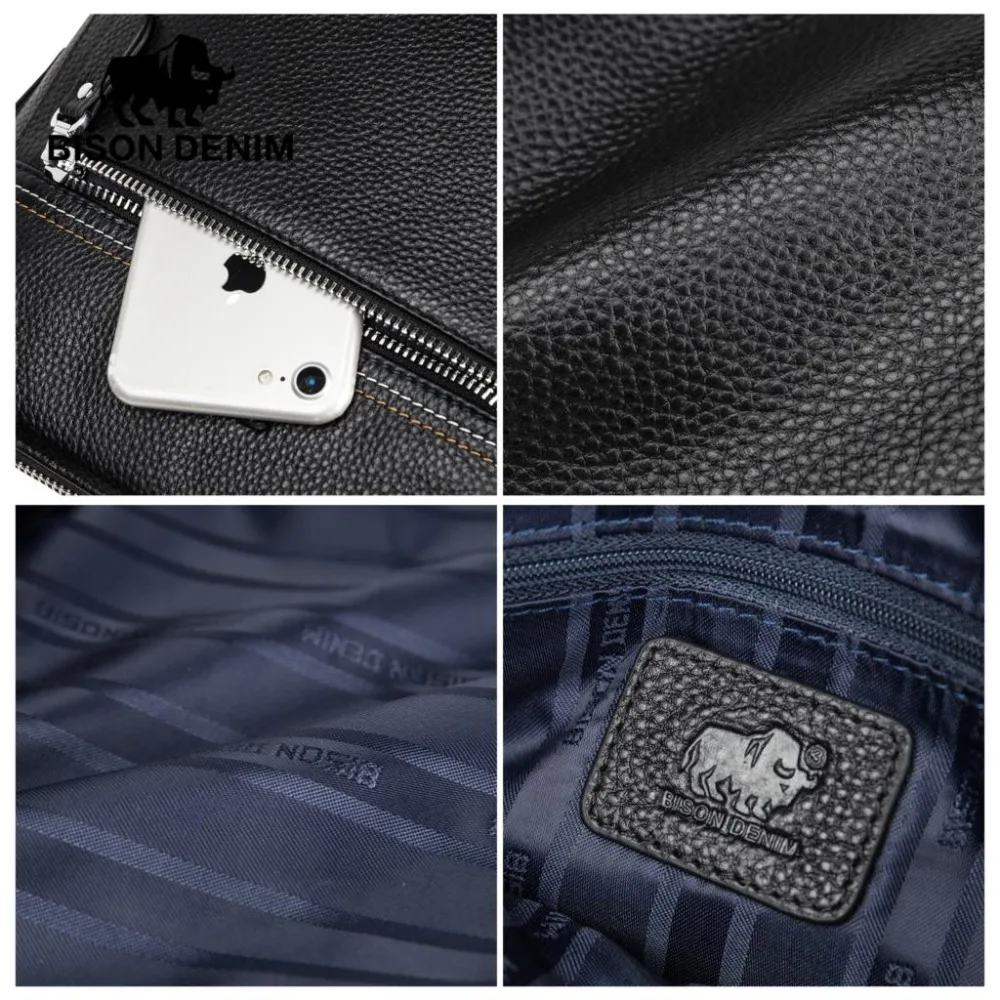 2018 BISON DENIM натуральная кожа сумка мужская на плечо молнии дизайнерские мягкие