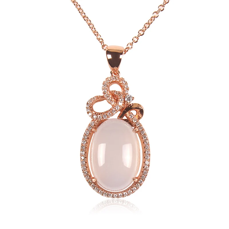 Халцедон розовый элегантный инкрустированный циркониевый камень кулон ожерелье