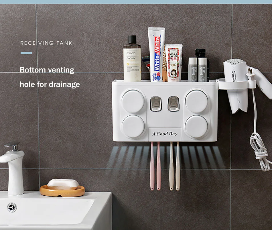 Wonderlife Bathroom Set Accessories Toothbrush Holder Automatic Toothpaste Dispenser Suction Cup Wall Mount Bathroom Storage Box
