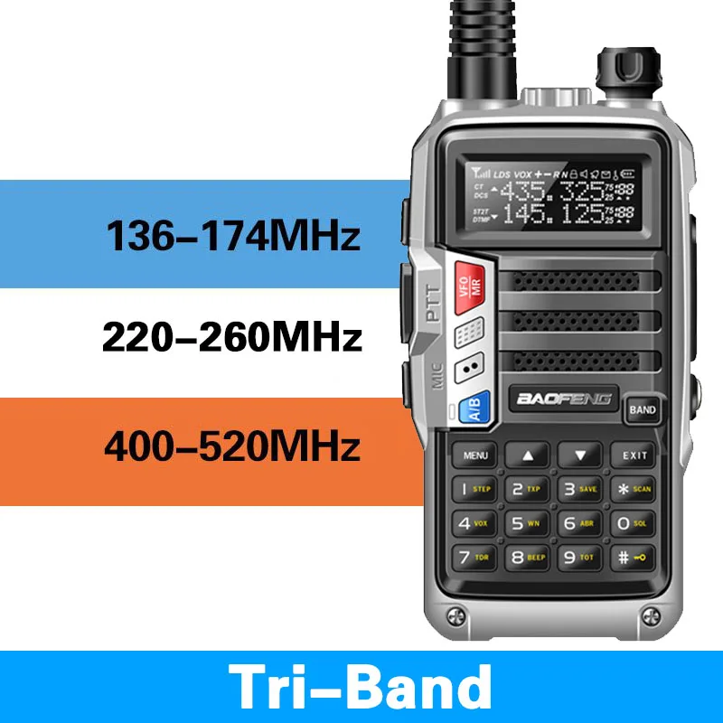 silver BaoFeng UV-S9 трехдиапазонное 8 Вт Мощный 2xAntenna 2xAntenna VHF UHF 136-174 МГц/220-260 МГц/400-520 МГц 10 км дальность Ham Портативный одновременное подключение двух теле - Цвет: silver
