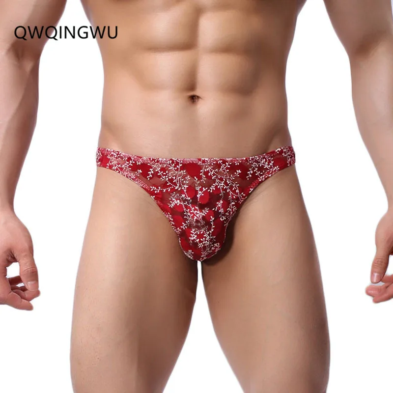 Sexy Underwear Men Lace Briefs Thongs Cueca Pouch Gay Male Shorts Tanga Transparent Thin Underpants U Convex Thong |