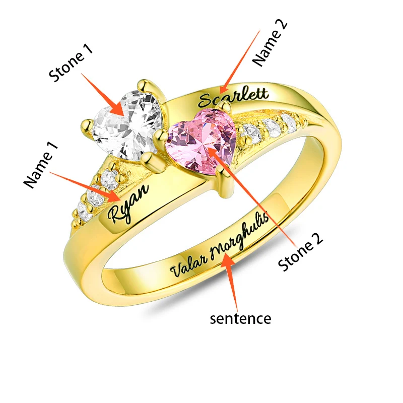 SG Personalized 925 Sterling Silver Rings Custom Heart Birthstone Ring With 2-5 Names Jewelry for women Mother day's Gift - Цвет основного камня: 2 heart Color gold