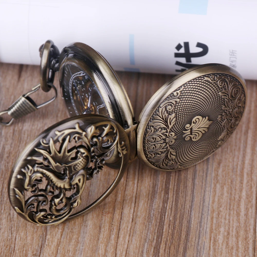 Vintage Mechanical Pocket Watch Retro Dragon Hollow Skeleton Roman Numerals Black/Bronze Fob Watch with Chain for Men Women
