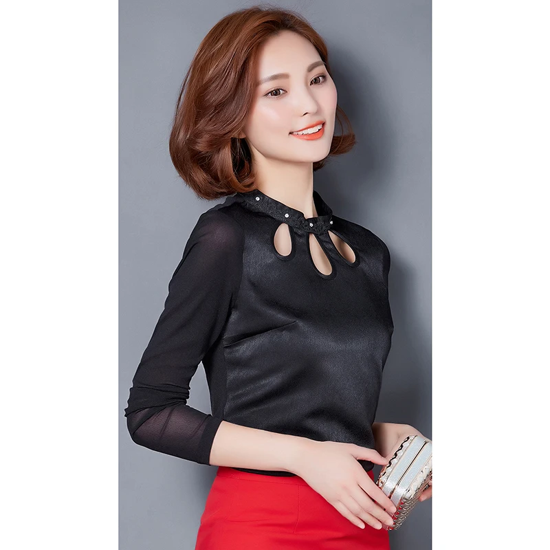 women tops Hollow Out Solid shirt Long Sleeve Fashion Cotton Stand Blusas Mujer De Moda 2017 Autumn Blouse Femme plus size 3XL |