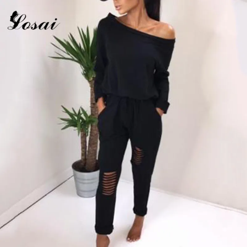 Женский хлопковый комбинезон с длинным рукавом открытыми плечами поясом боди