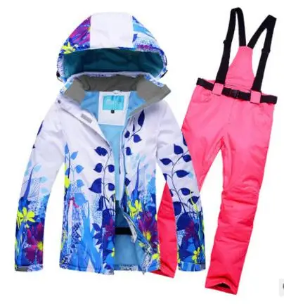 blue pink Мужской или женский горнолыжный костюм, куртка и брюки с принтом листьев, мужские пальто для сноуборда и брюки, зимняя одежда, зимний костюм для мужчин - Цвет: blue pink