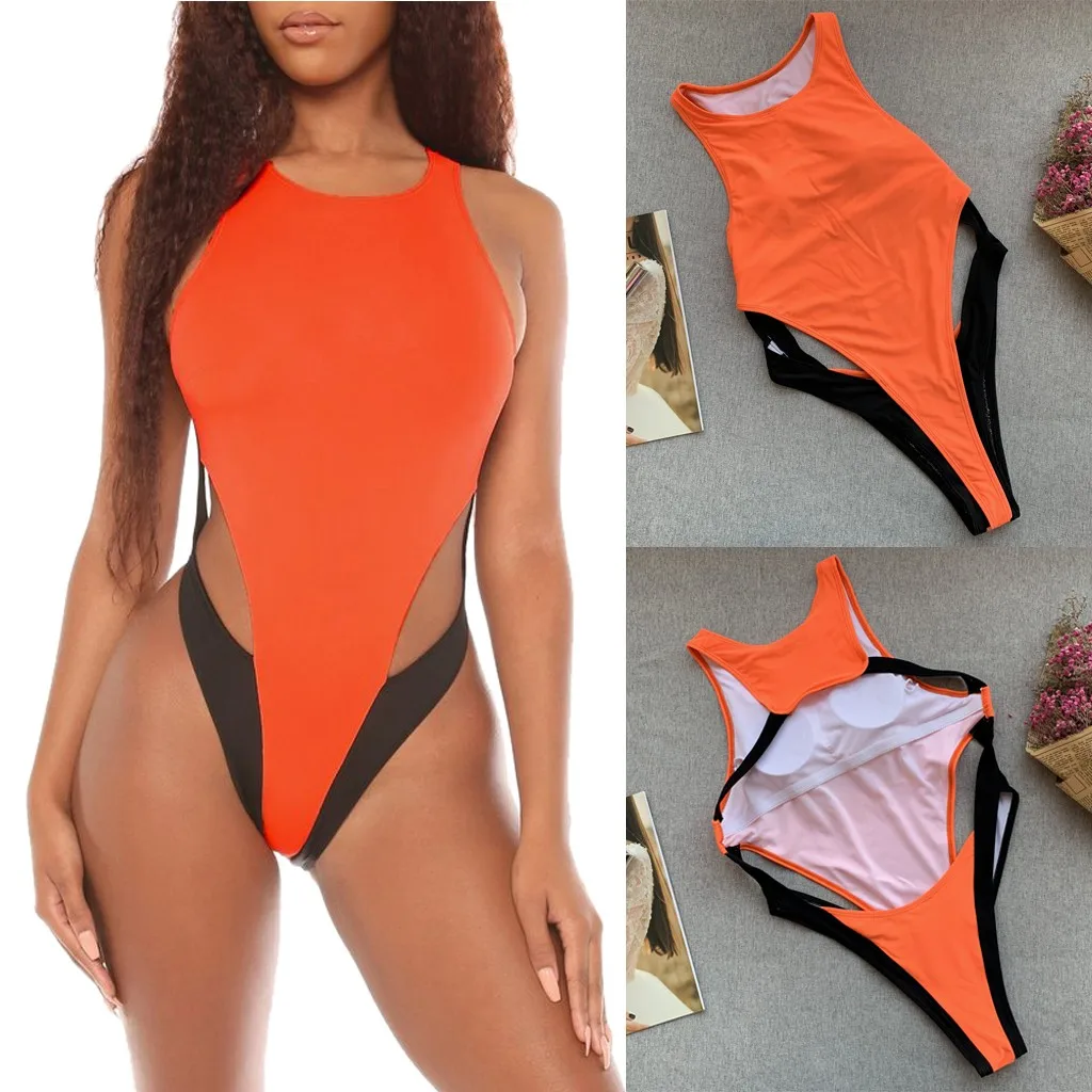 Бикини 2020 пикантный Женский цельный купальник однотонный спортивный комплект