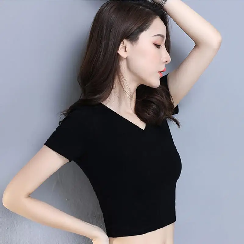 Короткий отрезок пупка с короткими рукавами футболка Для женщин Femme Высокая